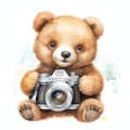 Cute watercolor photographer bear with camera illustration, teddy bears clipart