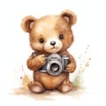 Cute watercolor photographer bear with camera illustration, teddy bears clipart