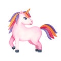 Cute watercolor pony unicorn. Child illustration for designs on a white background.