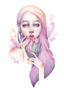 Cute watercolor portrait of a girl holding protea flower