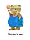 Watercolor poster with brown teddy bear basketball player in blue form. Cartoon sport bear with ball. Was born to score print