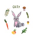 Cute watercolor rabbit.Autumn wreath with mushrooms, leaves, acorn, apple, lettering, carrot