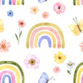 Cute watercolor rainbows and ditsy flowers seamless pattern. Pink, green, blue and yellow colors simple rainbow illustration Royalty Free Stock Photo