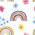 Cute watercolor rainbows and whimsical flowers seamless pattern. Neutral colors simple rainbow illustration on white background