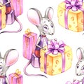 Cute watercolor rat seamless pattern. Mouse symbol 2020 new year Royalty Free Stock Photo