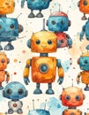 Cute Watercolor Robot Pattern Design Royalty Free Stock Photo