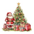 Cute watercolor santa standing beside a christmas tree with presents under it illustration for christmas