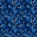Cute watercolor seamless floral pattern. Frosty blue patterns of twigs, leaves and flowers