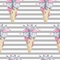 Cute watercolor seamless pattern with bunny in ice cream. Hand painted background.