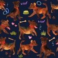 Cute watercolor seamless pattern with dogs and things for there Royalty Free Stock Photo