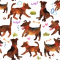 Cute watercolor seamless pattern with dogs and things for there. Royalty Free Stock Photo