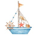 Cute watercolor ship, boat with wooden steering wheel, decorated with sea shells and red starfish. Hand painted summer