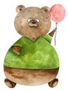 Watercolor sitting bear in green shirt with red balloon. Funny bear boy. Watercolor illustration with cute bear birthday