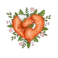 Cute watercolor sleeping in flowers and leaves fox in heart shape isolated on white. Valentines day card, poster design Royalty Free Stock Photo