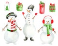 Cute watercolor snowmen with gift boxes set. Hand drawn Christmas illustration with snowman in hat, glows, earmuffs Royalty Free Stock Photo