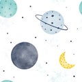 Cute watercolor space seamless pattern with planets, moon and stars isolated on white background. Hand drawn Scandinavian style Royalty Free Stock Photo