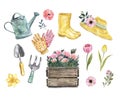 Watercolor gardening elements set, hand drawn illustration. garden rubber boots, hat, flowers, wood box, tools, isolated