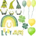 Cute watercolor St. Patric's Day gnomes set Green and gold st. Patric's Day elements - shamrock, rainbow