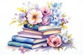 Cute watercolor stack of books with flowers in pastel colors isolated on white background. Perfect for bookshops Royalty Free Stock Photo