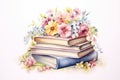 Cute watercolor stack of books with flowers in pastel colors isolated on white background. Perfect for cozy corners Royalty Free Stock Photo