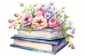 Cute watercolor stack of books with flowers in pastel colors on white background. Perfect for cozy corners, bookshops