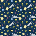 Cute watercolor star sky seamless pattern on a dark blue background