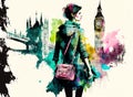 Cute watercolor style illustration with ink outline of a beautiful caucasian woman walking along London with the Big Ben behind he