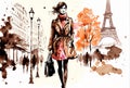 Cute watercolor style illustration with ink outline of a beautiful caucasian woman walking around Paris with the Eiffel Tower