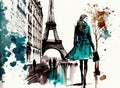 Cute watercolor style illustration with ink outline of a beautiful caucasian woman walking around Paris with the Eiffel Tower