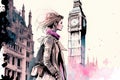 Cute watercolor style illustration with ink outline of a beautiful caucasian woman walking along London with the Big Ben behind he