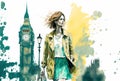 Cute watercolor style illustration with ink outline of a beautiful caucasian woman walking along London with the Big Ben behind he