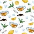 Cute watercolor tea time pattern with cup, lemon, mint, tea bag, strainer and simple lettering on white background Royalty Free Stock Photo