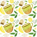 Cute watercolor tea time pattern with cup, lemon, mint, tea bag, strainer and simple lettering on white background. Royalty Free Stock Photo