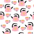 Cute watercolor teapot and cup seamless pattern.