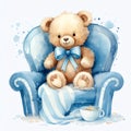 Cute watercolor teddy bear in blue bed boy illustration, teddy bears clipart Royalty Free Stock Photo