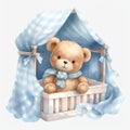 Cute watercolor teddy bear in blue bed boy illustration, teddy bears clipart Royalty Free Stock Photo