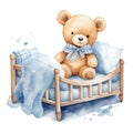 Cute watercolor teddy bear in blue bed boy illustration, teddy bears clipart Royalty Free Stock Photo