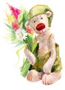 Cute watercolor teddy bear with flowers.