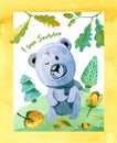 Cute watercolor teddy bear in the forest. Hand draw full color illustrations for postcards, congratulations, interior