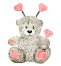 Watercolor teddy bear with pink hearts sitting isolated on white background