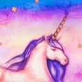 Cute watercolor of a unicorn and a background of sky and stars. Royalty Free Stock Photo
