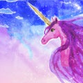 Cute watercolor unicorn and a background of sky and stars. Royalty Free Stock Photo
