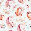 Cute watercolor unicorn seamless pattern with flowers. Nursery magic unicorn patterns. Princess rainbow texture. Trendy