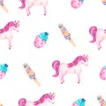 Cute watercolor unicorn seamless pattern with sweets and ice cream in pink and violet colors. Nursery magical unicorn patterns. Royalty Free Stock Photo