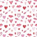 Cute watercolor Valentines day seamless pattern with red and pink lips, hearts, cupid arrows, isolated on white background.