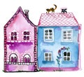 Cute watercolor Vintage houses isolated on white background.Hand drawn illustration. Royalty Free Stock Photo