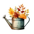 Cute watercolor watering can floral leaves in autumn fall colors, illustration