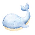 Cute watercolor whale character isolated on white. Hand drawn nautical illustration Royalty Free Stock Photo