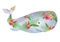 Cute watercolor whale in flowers