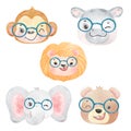 Cute watercolor wildlife animal wearing eyeglasses, nerdy woodland lion, monkey, bear, hippo, elephant nursery hand drawn illustra